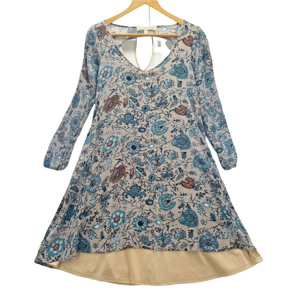 Paisley Raye Women's Multi Color Floral Keyhole V Neck Long Sleeve Dress M